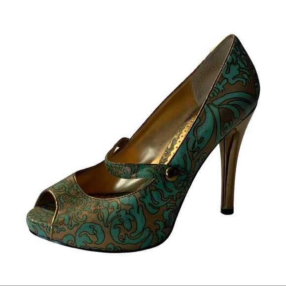 Hale Bob Teal Leather Peep Toe Maryjane Stiletto - Picture 6 of 14